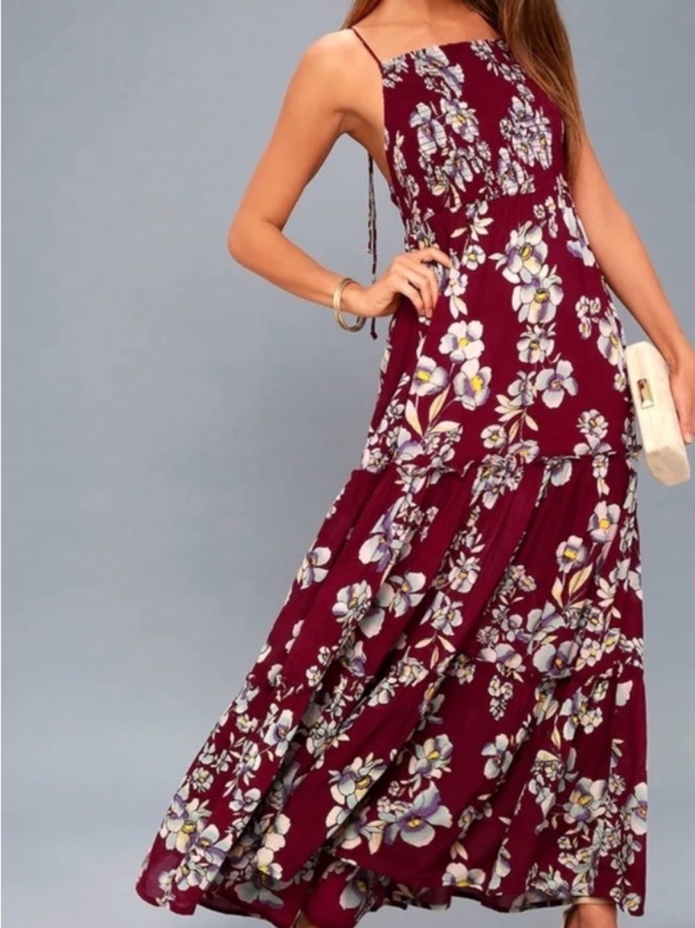 Free People Garden Party Floral Tiered Maxi Dress Burgundy Size M